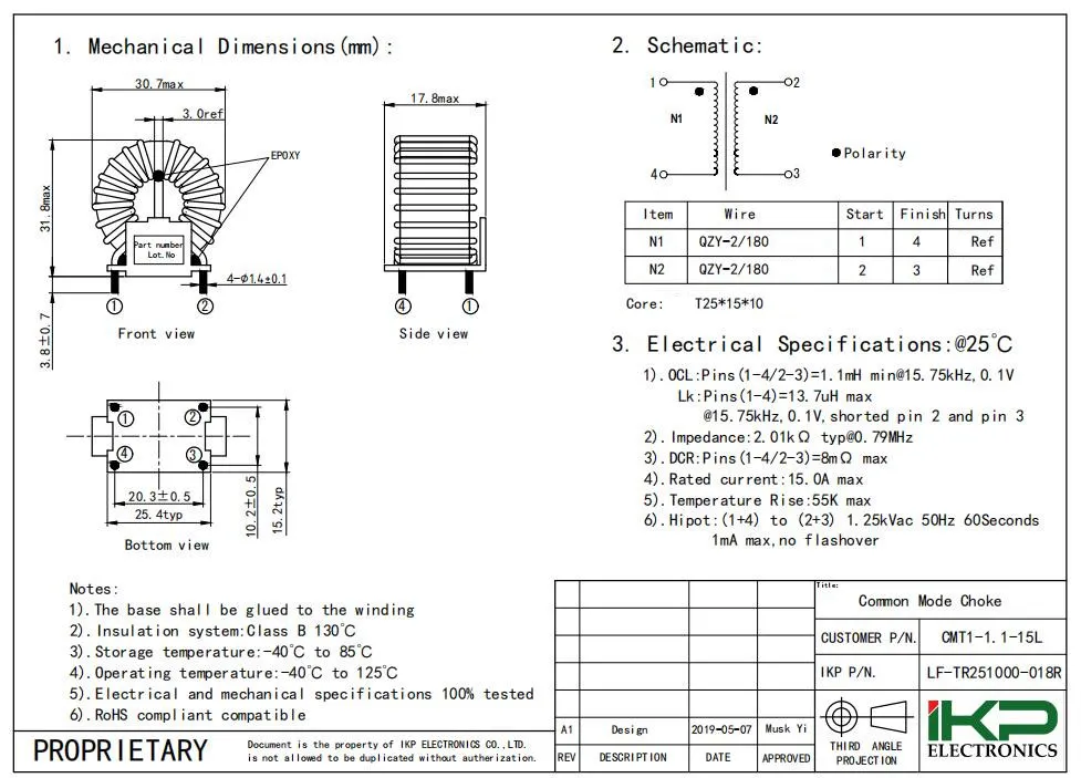 1.1mh Common Mode Choke Inductor voor motorfietsonderdelen