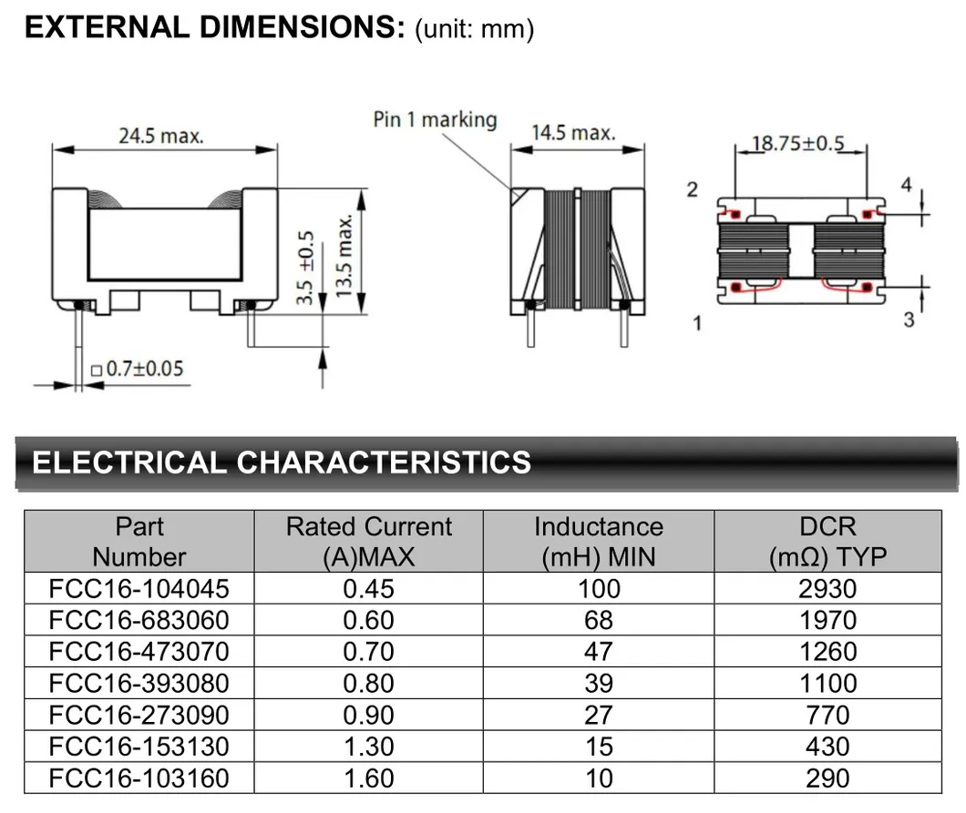 Frame Core Common Mode Filter Inductor (FCC1614-serie, 0,8A, 39mH)
